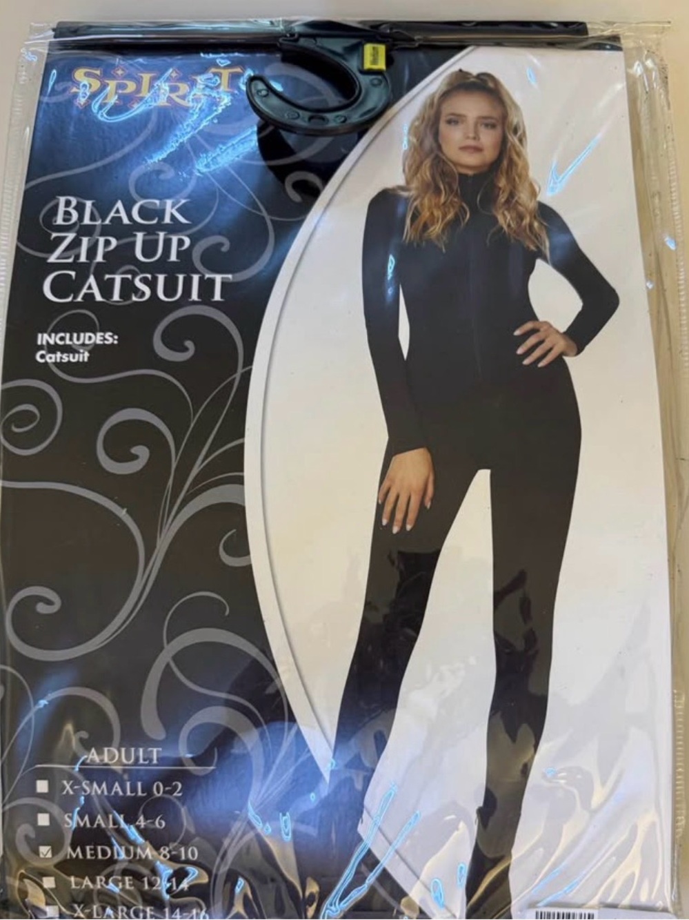 Spirit Halloween Black Zip-Up Catsuit Jumpsuit & accessories size med